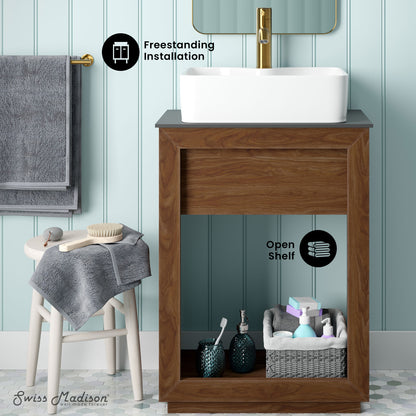 Swiss Madison, Rennes 24" Reclaimed Wood Vanity in Walnut with Slate Countertop and Single Hole Vessel Sink