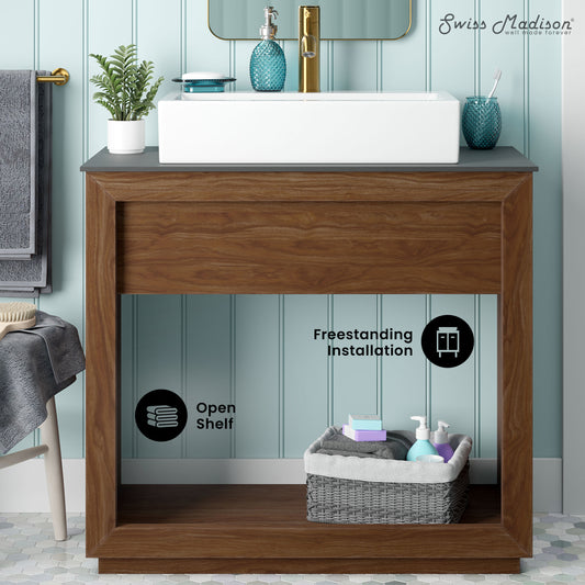 Swiss Madison, Rennes 36" Reclaimed Wood Vanity in Walnut with Slate Countertop and Single Hole Vessel Sink