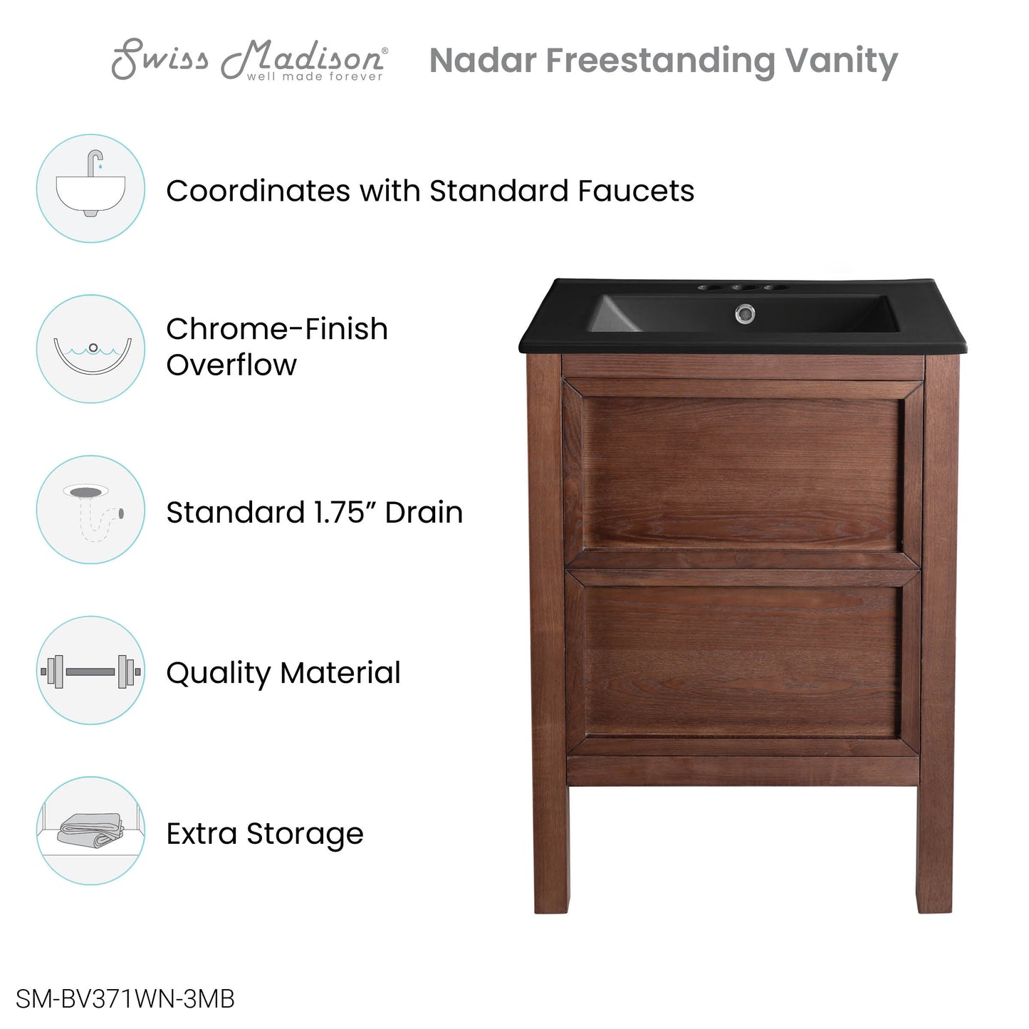 Swiss Madison, Nadar 24 in. Brown Walnut Bathroom Vanity With Black, 3-Hole Ceramic Sink Top