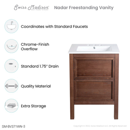 Swiss Madison, Nadar 24 in. Brown Walnut Bathroom Vanity With White, 3-Hole Ceramic Sink Top