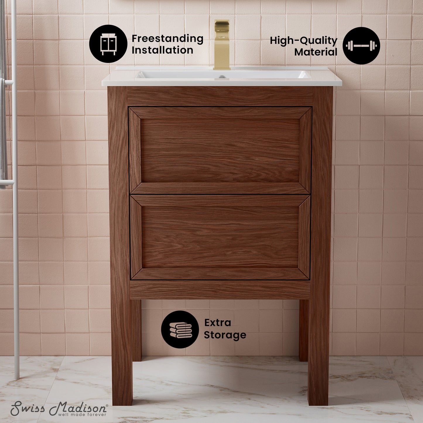 Swiss Madison, Nadar 24" Freestanding Bathroom Vanity in Brown Oak with Sink Top