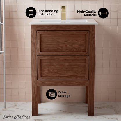 Swiss Madison, Nadar 24" Freestanding Bathroom Vanity in Brown Oak with Sink Top