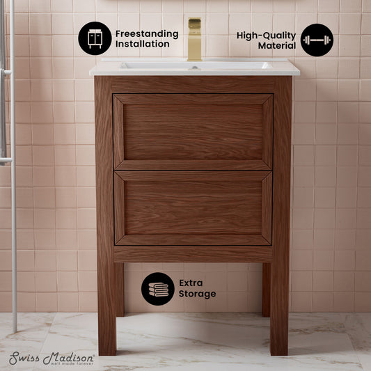 Swiss Madison, Nadar 24" Freestanding Bathroom Vanity in Brown Oak with Sink Top