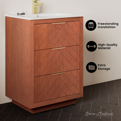 Swiss Madison, Daxton 24" Freestanding Bathroom Vanity in Brown Oak with Sink Top