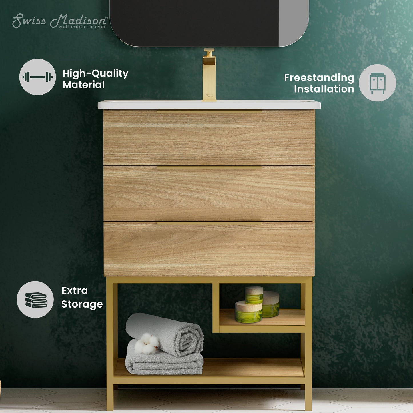 Swiss Madison, Carre 24" Freestanding Bathroom Vanity in Golden Oak with Sink Top
