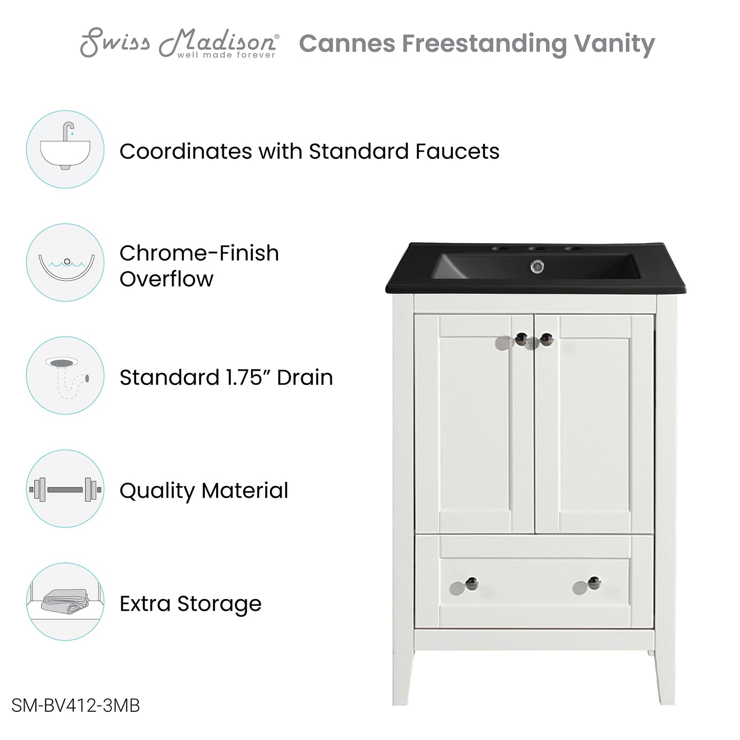 Swiss Madison, Cannes 24 in. White Bathroom Vanity With Black, 3-Hole Ceramic Sink Top