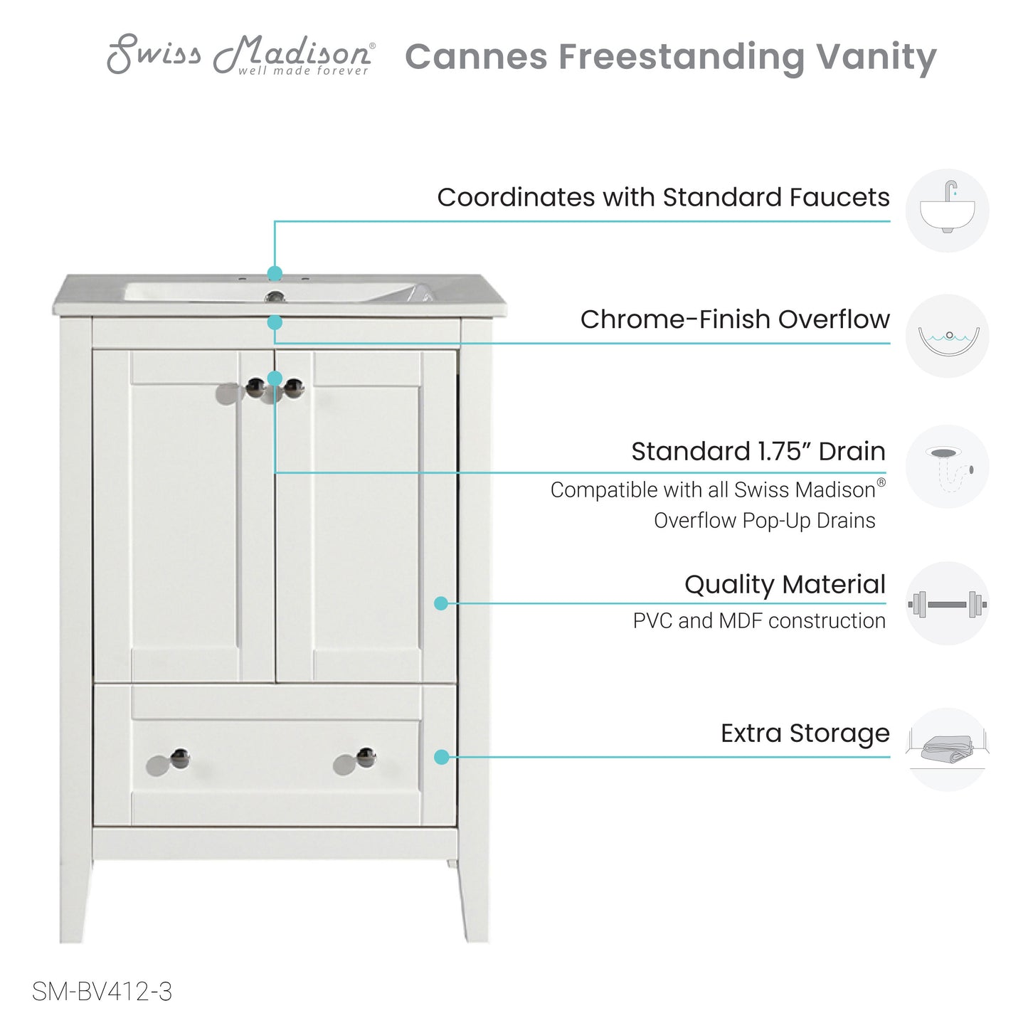 Swiss Madison, Cannes 24 in. White Bathroom Vanity With White, 3-Hole Ceramic Sink Top