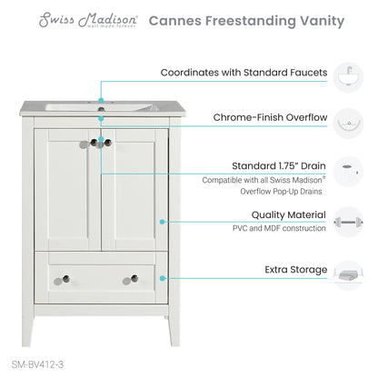 Swiss Madison, Cannes 24 in. White Bathroom Vanity With White, 3-Hole Ceramic Sink Top