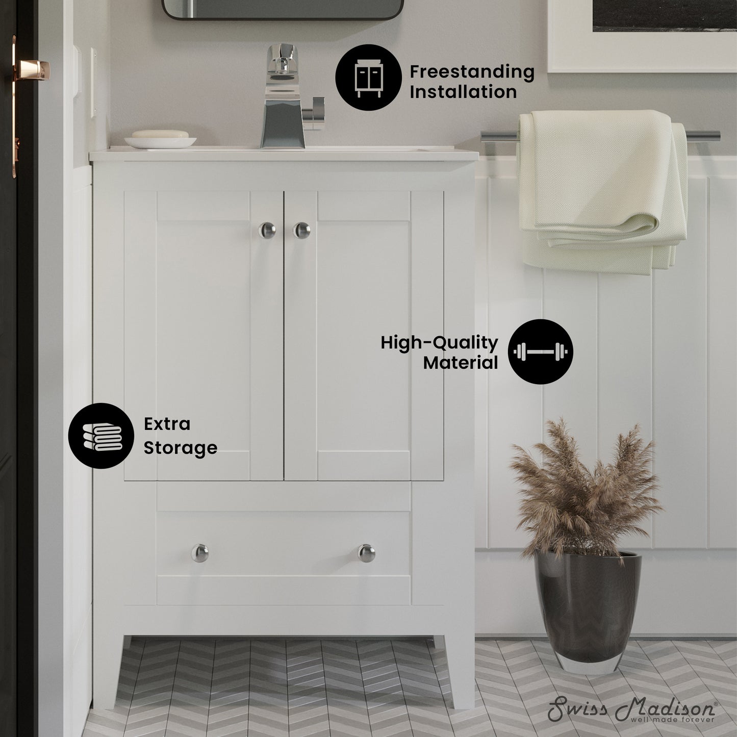 Swiss Madison, Cannes 24" Freestanding Bathroom Vanity in White with Sink Top
