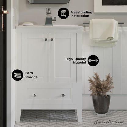 Swiss Madison, Cannes 24" Freestanding Bathroom Vanity in White with Sink Top