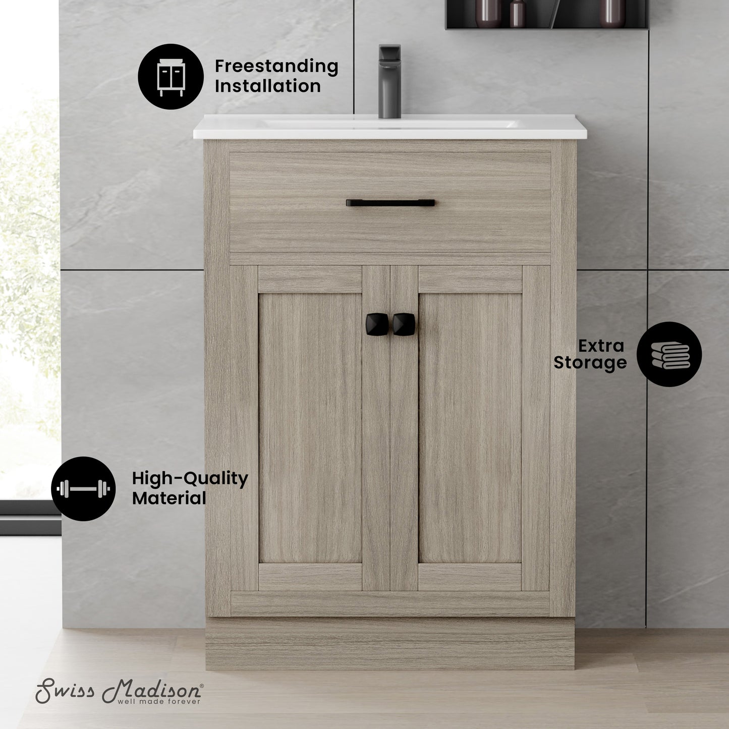 Swiss Madison, Burdon 24" Freestanding Bathroom Vanity in Weathered Oak with Sink Top