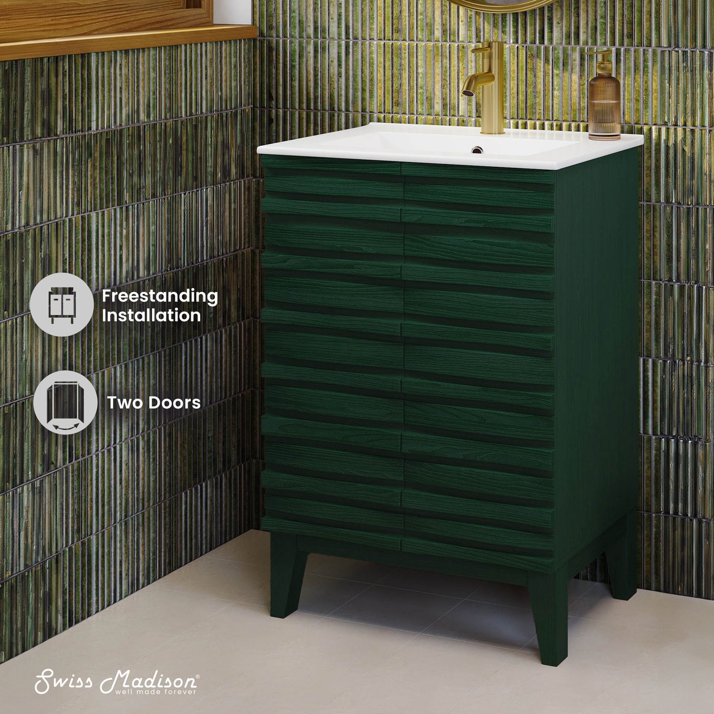 Swiss Madison, Cascade 24" Freestanding Bathroom Vanity in Green Oak with Sink Top