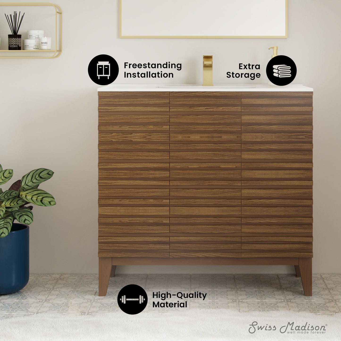Swiss Madison, Cascade 36" Brown oak Bath Vanity With White Ceramic Sink Top