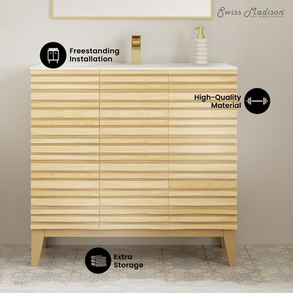 Swiss Madison, Cascade 36" Freestanding Bathroom Vanity in Natural oak with Sink Top