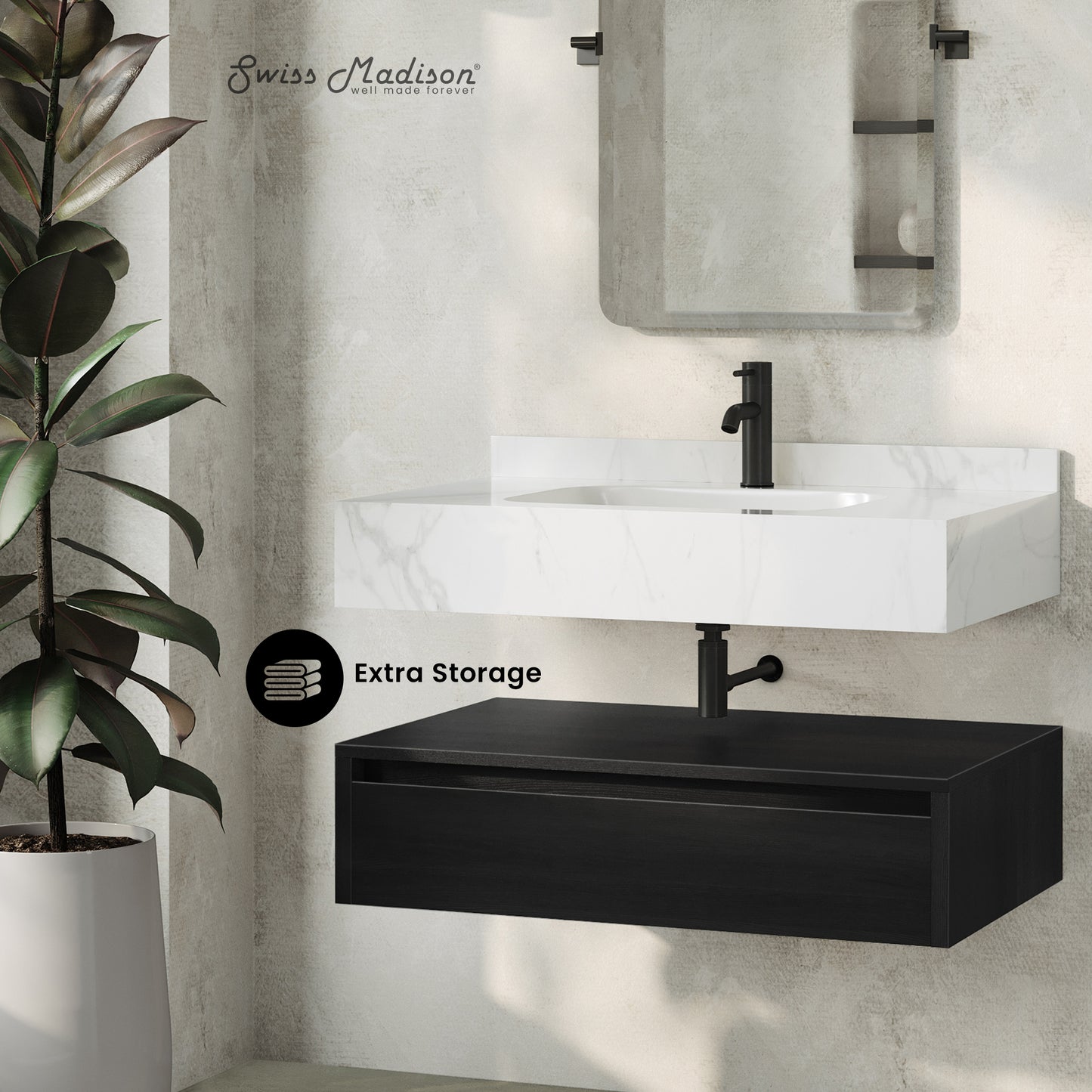 Swiss Madison, Avancer 36" Wall-Mounted Bathroom Vanity in Black Oak with White Marble Sink Top