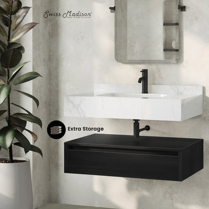 Swiss Madison, Avancer 36" Wall-Mounted Bathroom Vanity in Black Oak with White Marble Sink Top