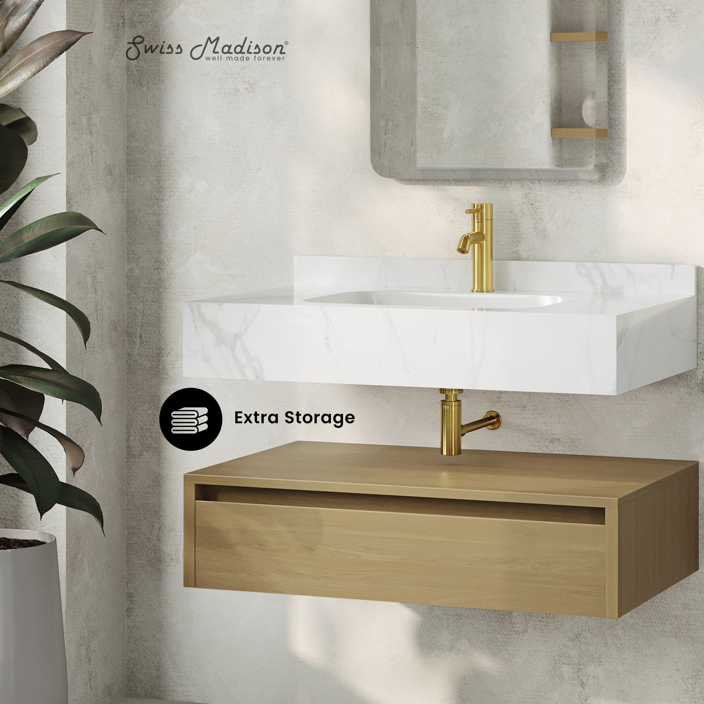 Swiss Madison, Avancer 36" Wall-Mounted Bathroom Vanity in Natural Oak with White Marble Sink Top