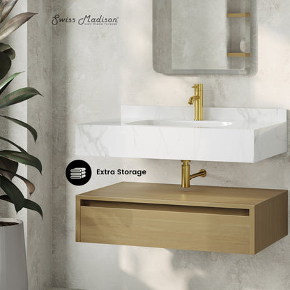 Swiss Madison, Avancer 36" Wall-Mounted Bathroom Vanity in Natural Oak with White Marble Sink Top