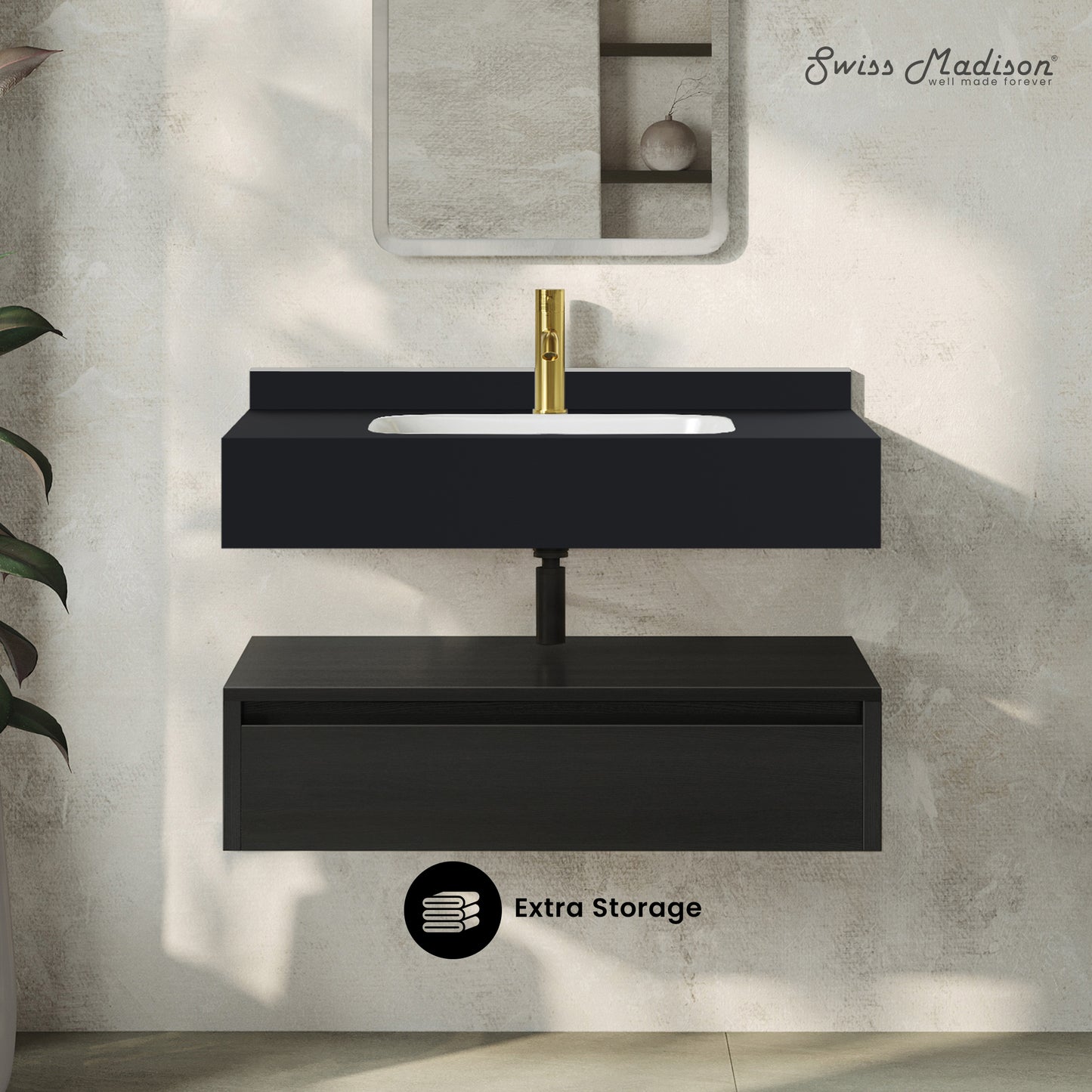 Swiss Madison, Avancer 36" Wall-Mounted Bathroom Vanity in Black Oak with Black Marble Sink Top