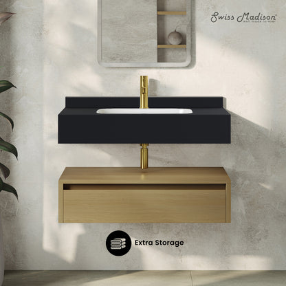 Swiss Madison, Avancer 36" Wall-Mounted Bathroom Vanity in Natural Oak with Black Marble Sink Top