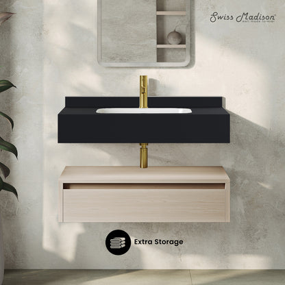 Swiss Madison, Avancer 36" Wall-Mounted Bathroom Vanity in White Oak with Black Marble Sink Top