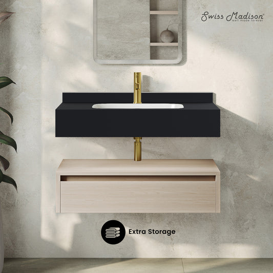 Swiss Madison, Avancer 36" Wall-Mounted Bathroom Vanity in White Oak with Black Marble Sink Top