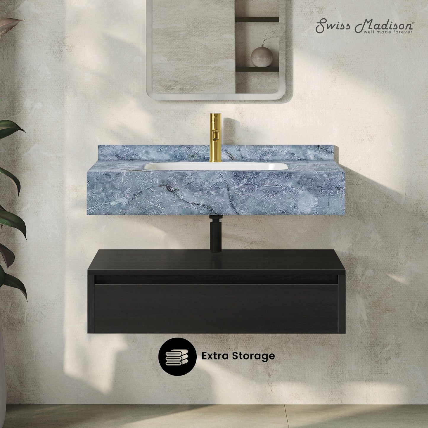 Swiss Madison, Avancer 36" Wall-Mounted Bathroom Vanity in Black Oak with Blue Celeste Sink Top