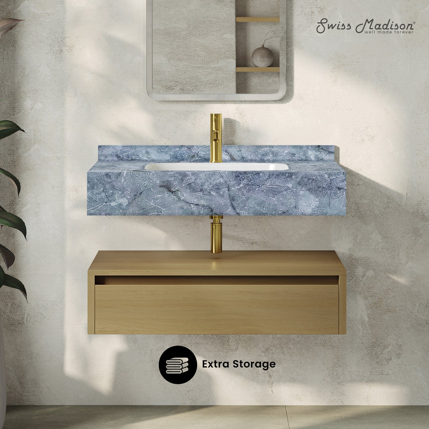 Swiss Madison, Avancer 36" Wall-Mounted Bathroom Vanity in Natural Oak with Blue Celeste Sink Top