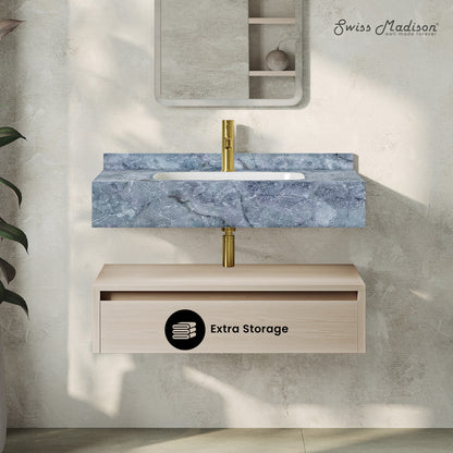 Swiss Madison, Avancer 36" Wall-Mounted Bathroom Vanity in White Oak with Blue Celeste Sink Top