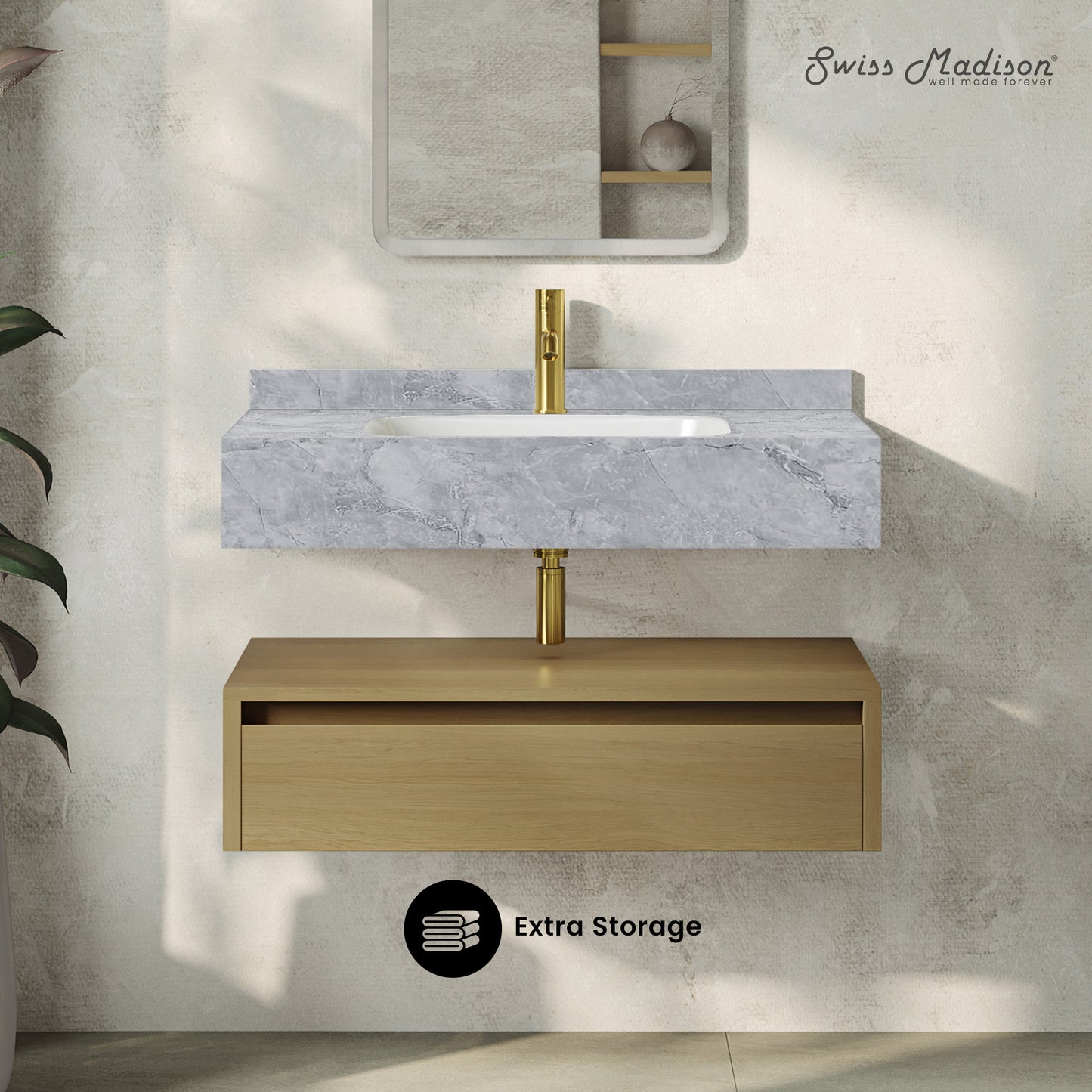 Swiss Madison, Avancer 36" Wall-Mounted Bathroom Vanity in Natural Oak with Storm Grey Sink Top
