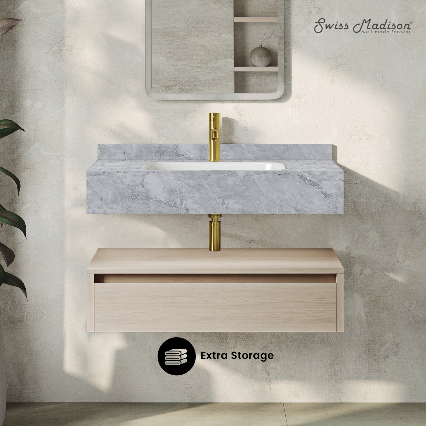 Swiss Madison, Avancer 36" Wall-Mounted Bathroom Vanity in White Oak with Storm Grey Sink Top