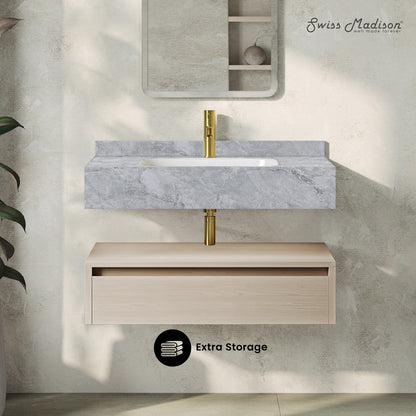 Swiss Madison, Avancer 36" Wall-Mounted Bathroom Vanity in White Oak with Storm Grey Sink Top