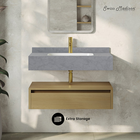 Swiss Madison, Avancer 36" Wall-Mounted Bathroom Vanity in Natural Oak with Charcoal Grey Sink Top