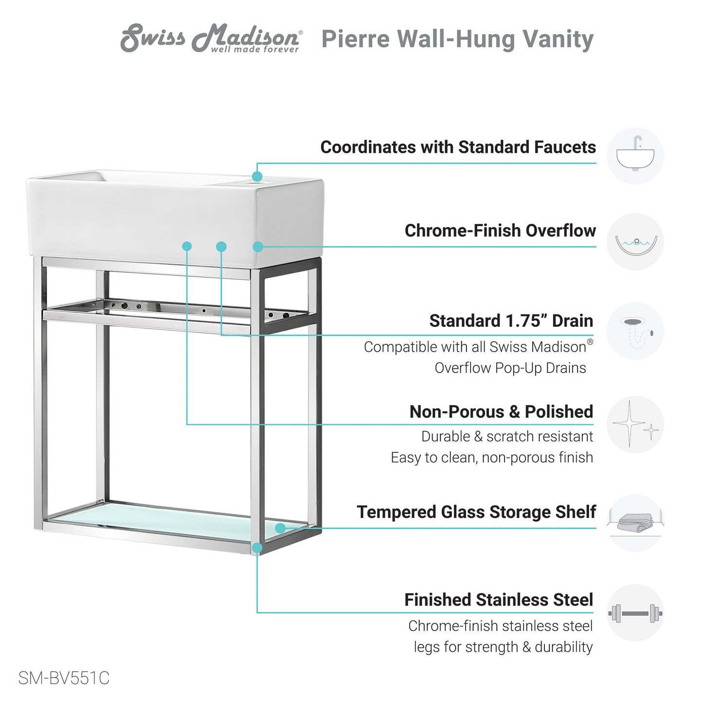 Swiss Madison, Pierre 19.5 Single, Open Shelf, Chrome Metal Frame Bathroom Vanity