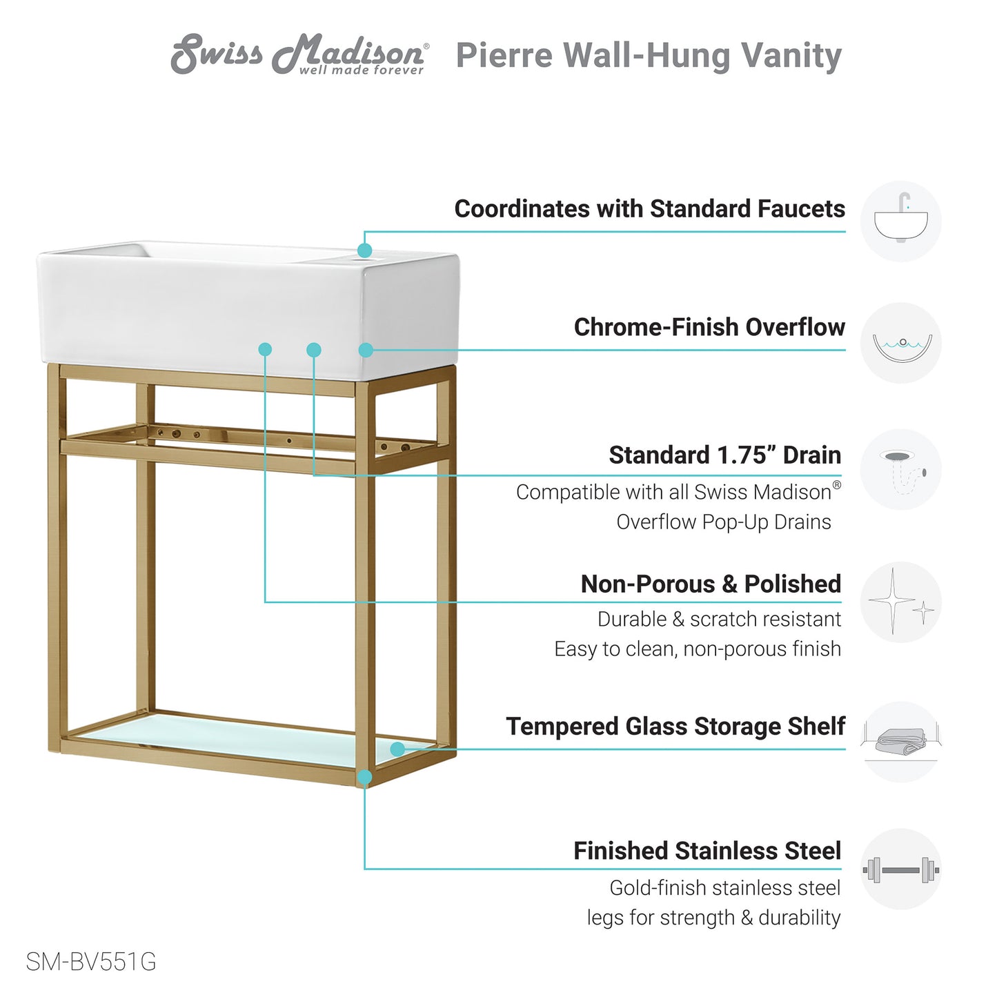 Swiss Madison, Pierre 19.5 Single, Open Shelf, Gold Metal Frame Bathroom Vanity