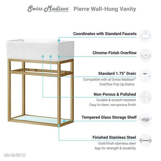 Swiss Madison, Pierre 19.5 Single, Open Shelf, Gold Metal Frame Bathroom Vanity