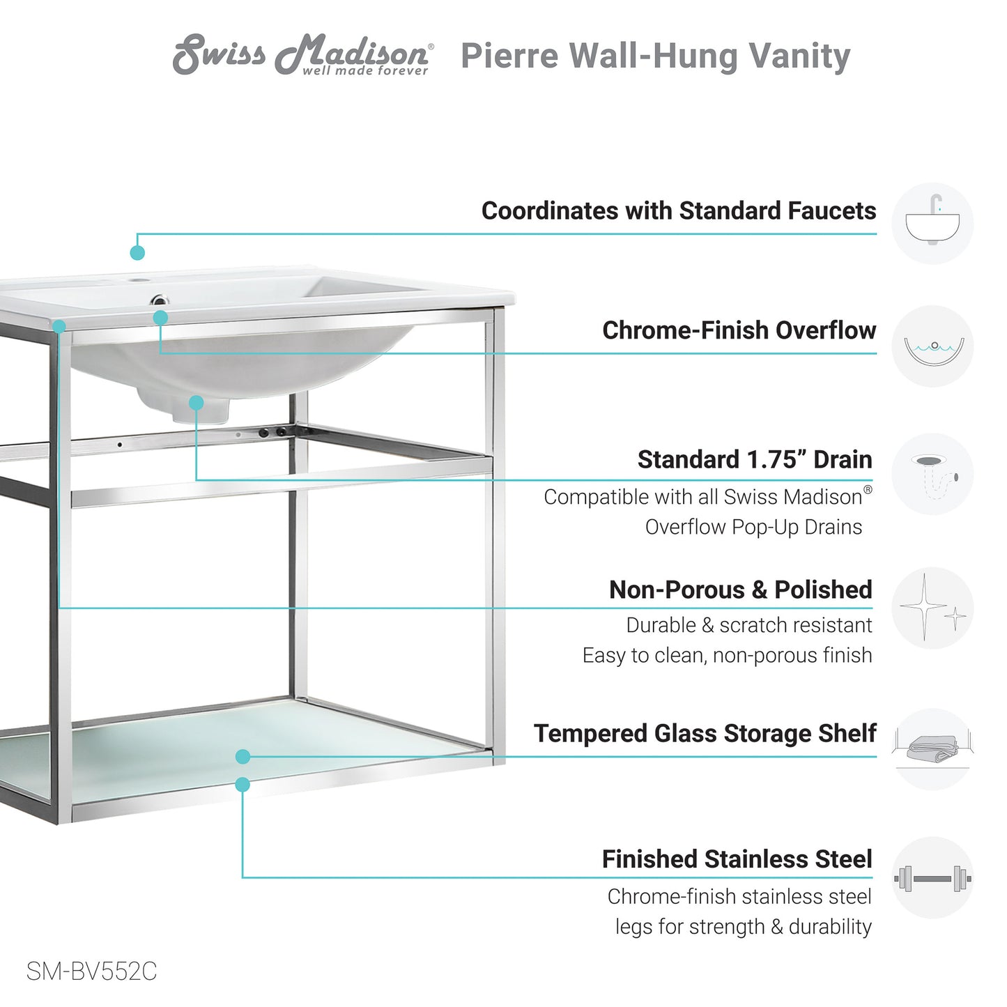 Swiss Madison, Pierre 24 Single, Open Shelf, Chrome Metal Frame Bathroom Vanity