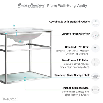 Swiss Madison, Pierre 24 Single, Open Shelf, Chrome Metal Frame Bathroom Vanity