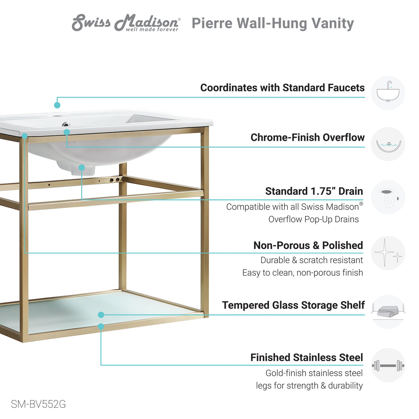 Swiss Madison, Pierre 24 Single, Open Shelf, Gold Metal Frame Bathroom Vanity