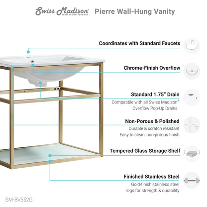 Swiss Madison, Pierre 24 Single, Open Shelf, Gold Metal Frame Bathroom Vanity