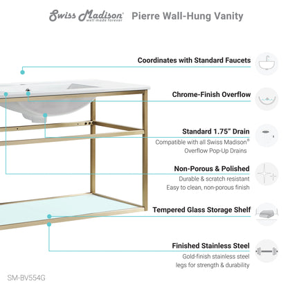 Swiss Madison, Pierre 48 Single, Open Shelf, Gold Metal Frame Bathroom Vanity