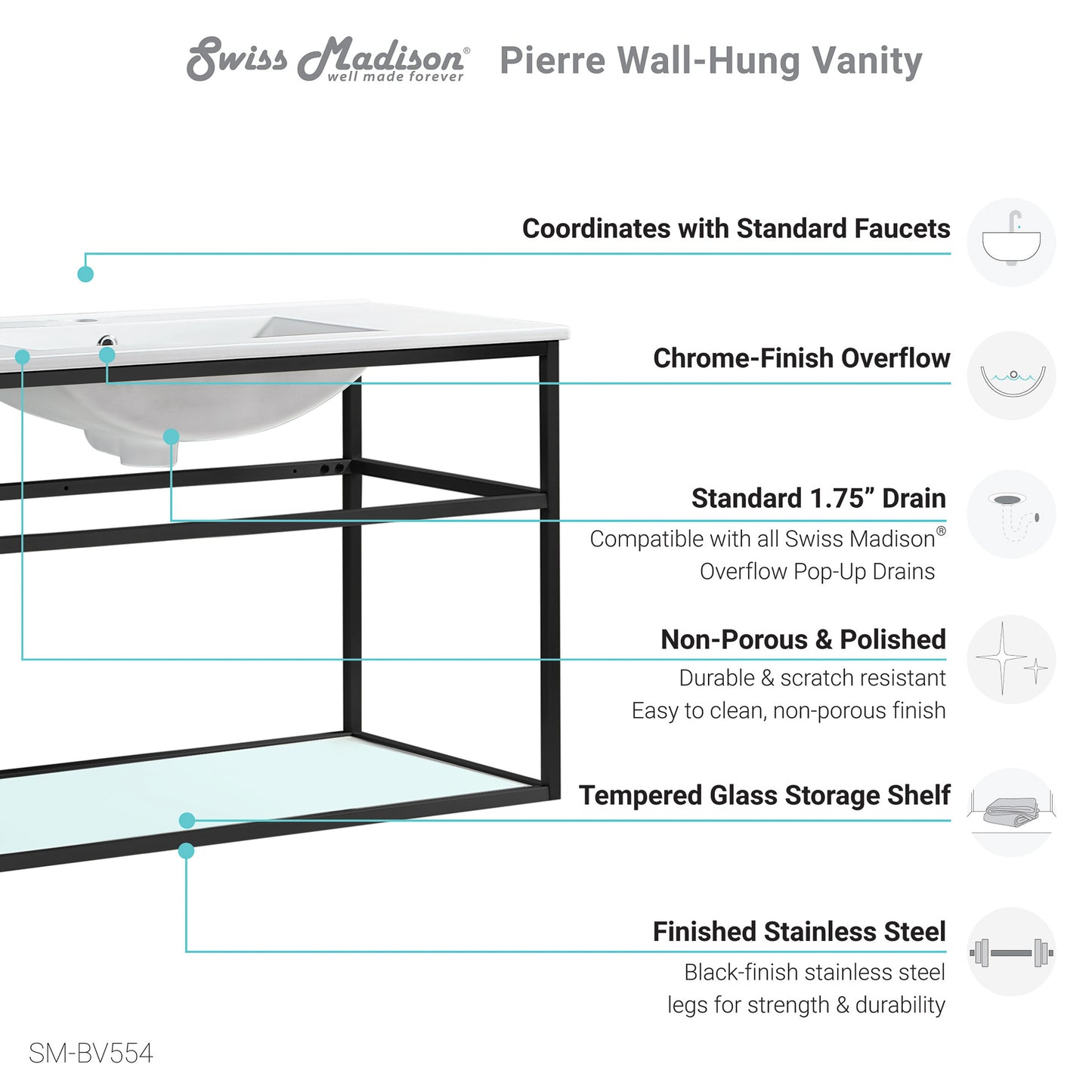 Swiss Madison, Pierre 48 Single, Metal Frame, Open Shelf, Bathroom Vanity