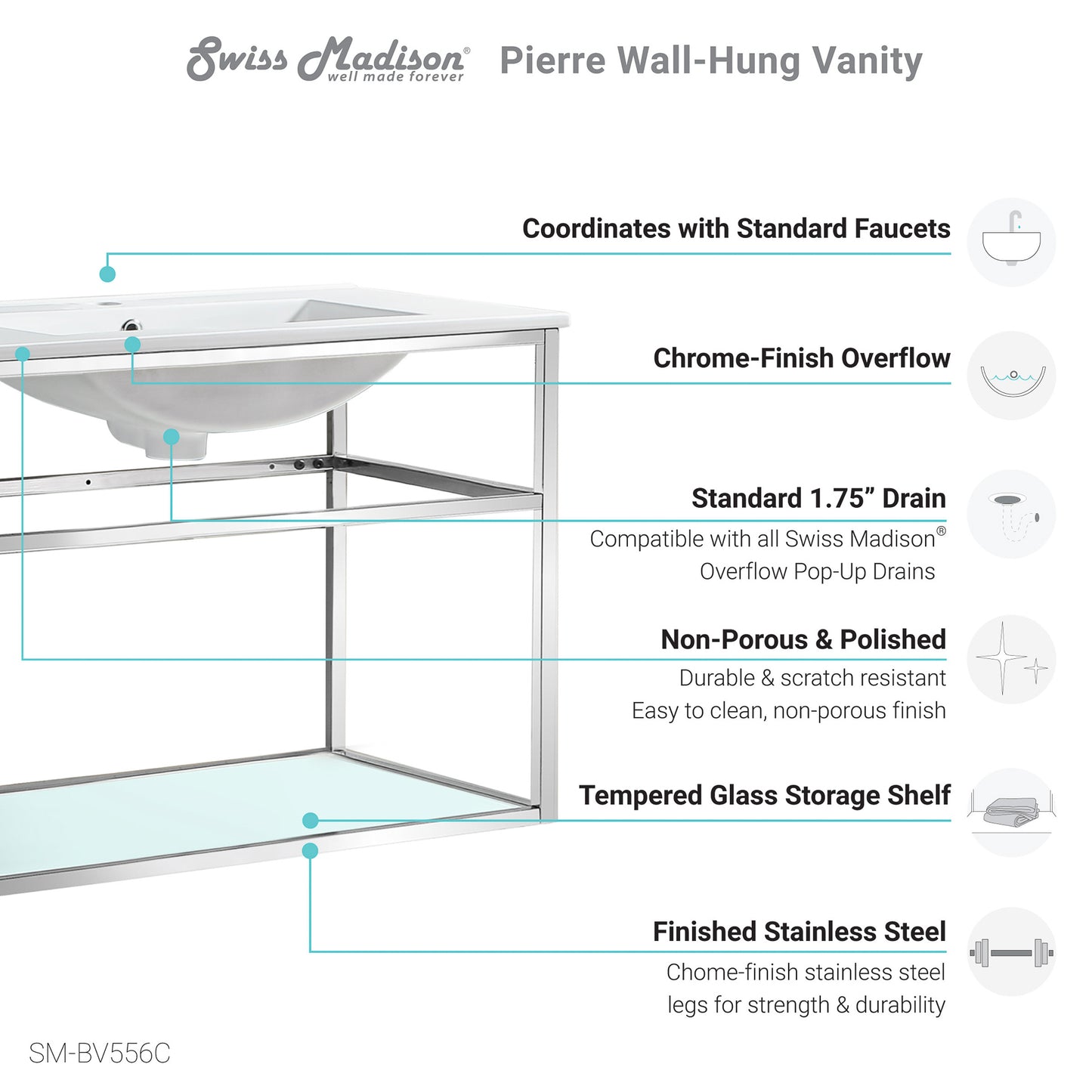 Swiss Madison, Pierre 30 Single, Open Shelf, Chrome Metal Frame Bathroom Vanity