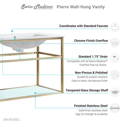 Swiss Madison, Pierre 30 Single, Open Shelf, Gold Metal Frame Bathroom Vanity
