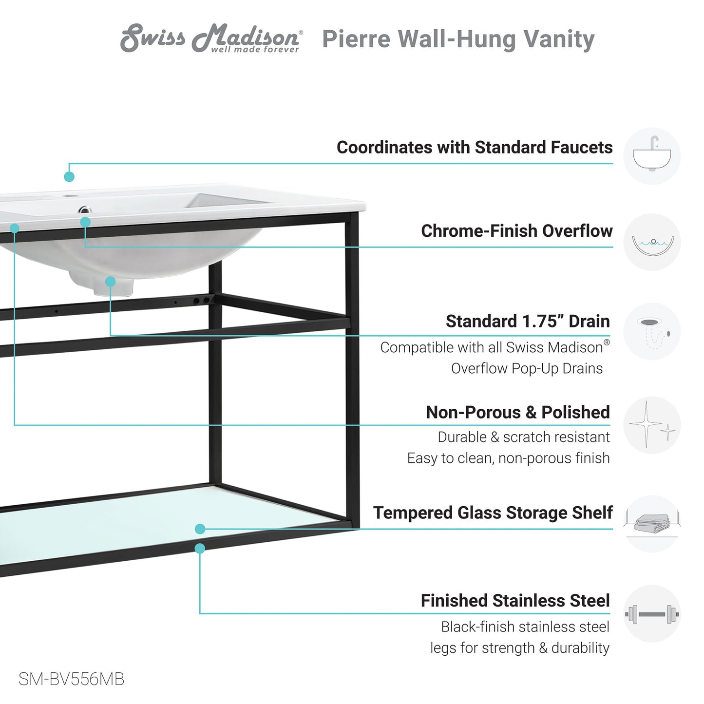 Swiss Madison, Pierre 30 Single, Open Shelf, Matte Black Metal Frame Bathroom Vanity