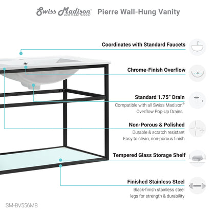 Swiss Madison, Pierre 30 Single, Open Shelf, Matte Black Metal Frame Bathroom Vanity
