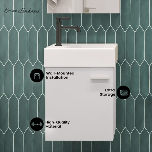 Swiss Madison, Colmer 18" Wall-Mounted Bathroom Vanity in White with Sink Top