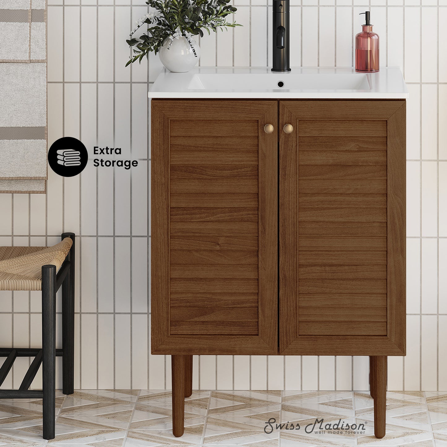 Swiss Madison, Bron 24" Freestanding Bathroom Vanity in Brown Oak with Sink Top