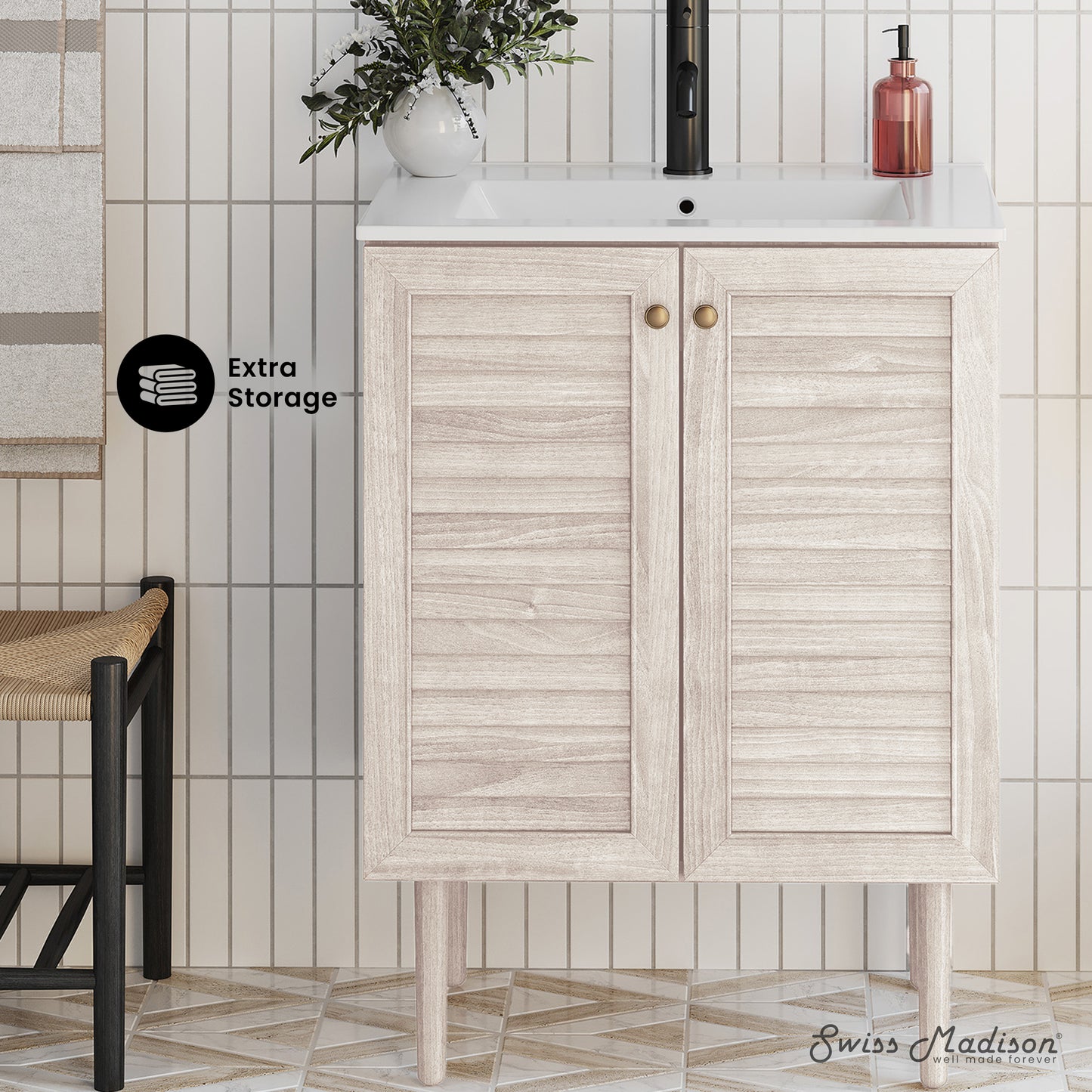 Swiss Madison, Bron 24" Freestanding Bathroom Vanity in White Oak with Sink Top