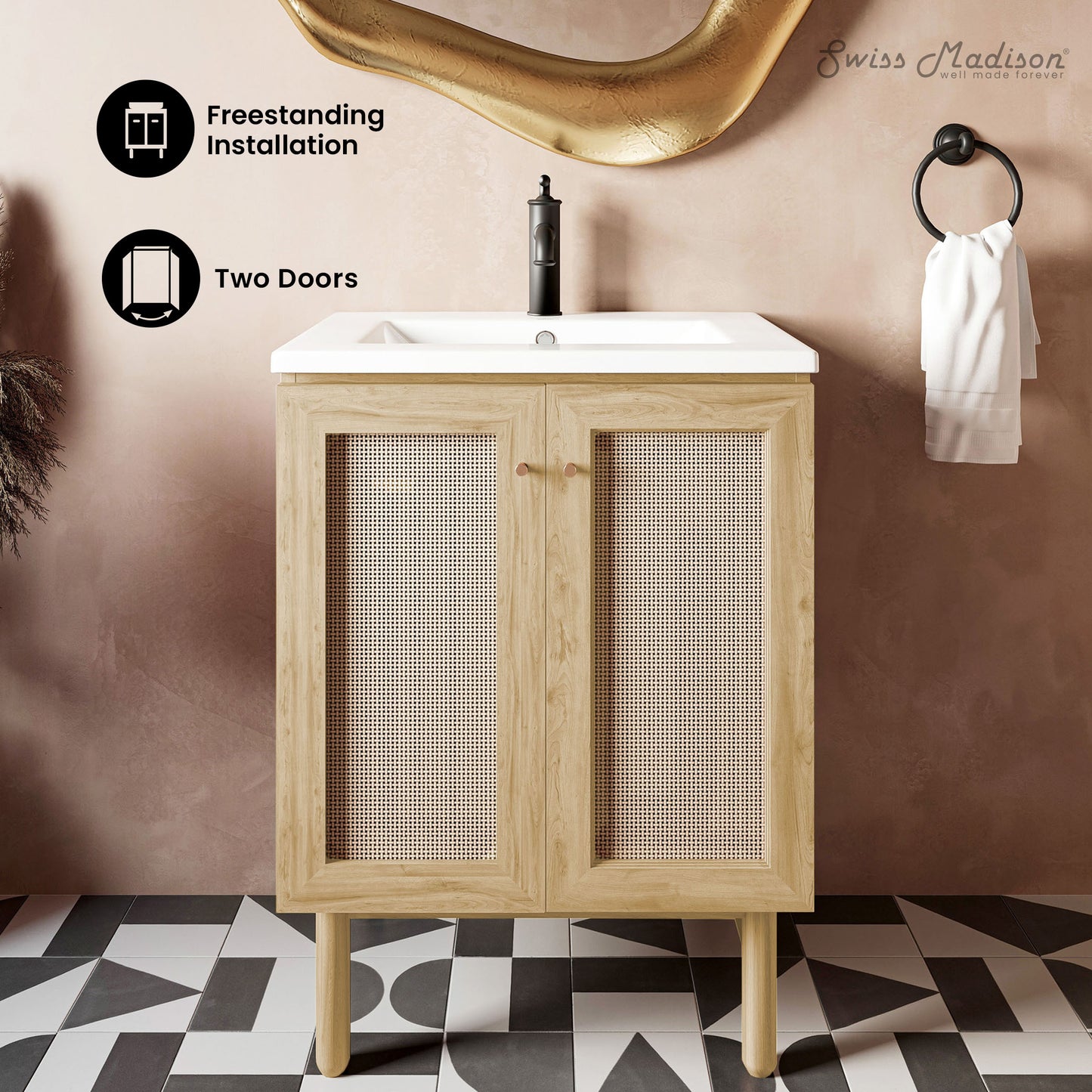 Swiss Madison, Classe 24" Freestanding Bathroom Vanity in Natural Oak with Sink Top